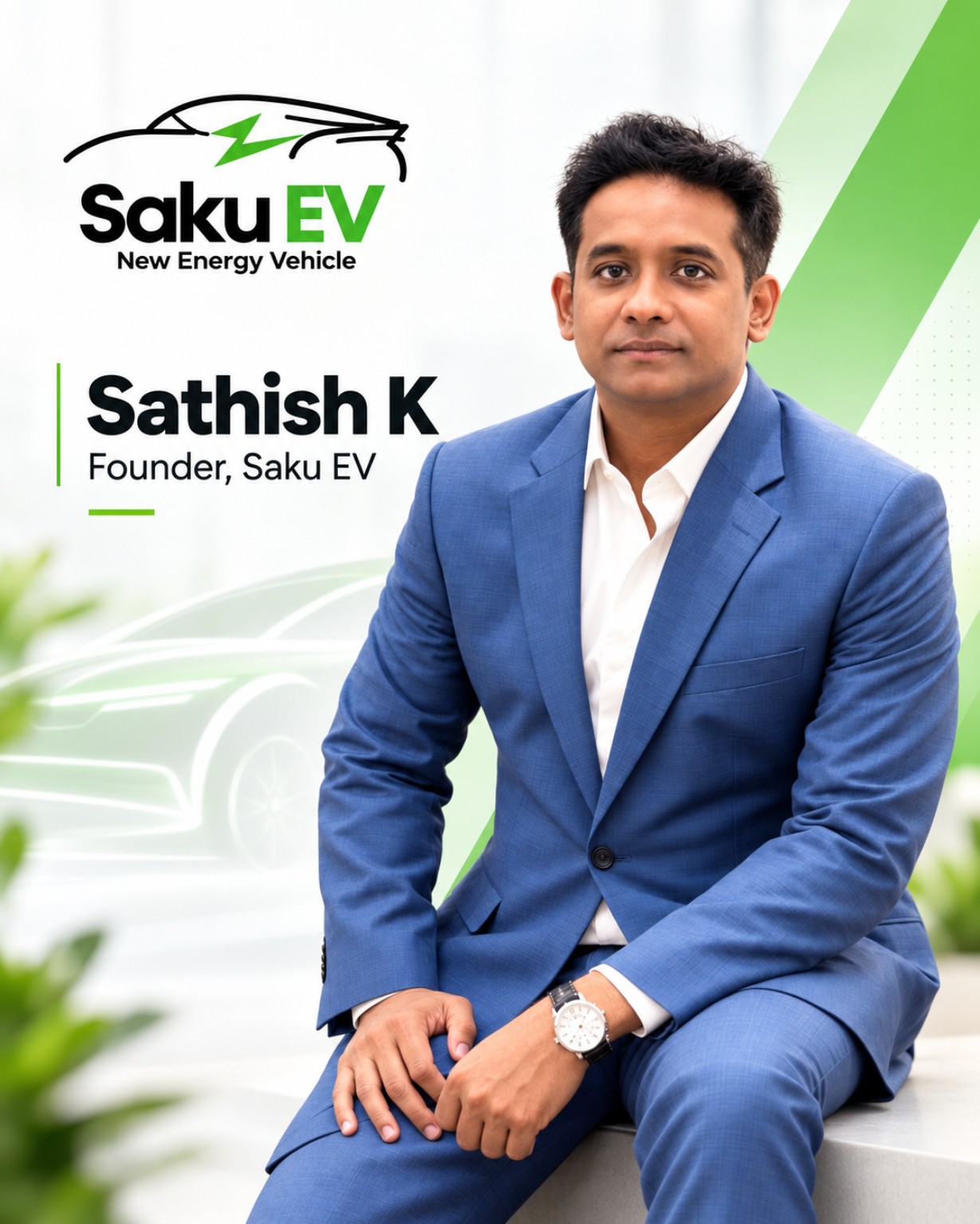 Sathish K, Founder of Saku EV, in a blue suit